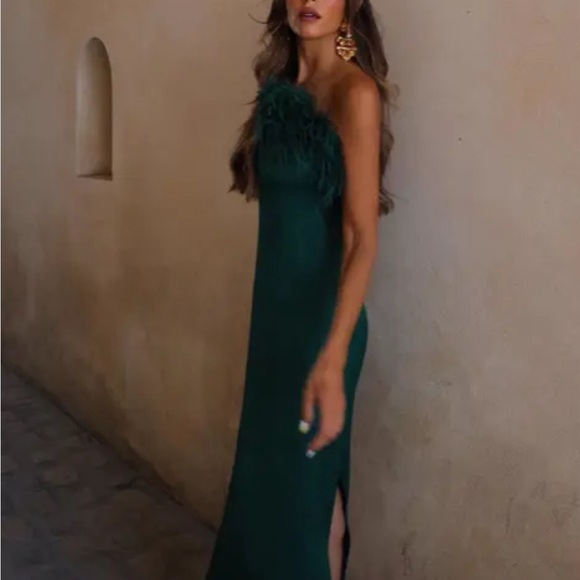 ZARA WOMAN MIDI FITTED SATIN DRESS WITH FEATHERS BOTTLE GREEN 7844/934 NWT - Picture 3 of 10